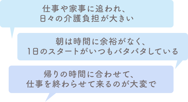 仕事や家事に追われ、日々の介護負担が大きい 朝は時間に余裕がなく、1日のスタートがいつもバタバタしている 帰りの時間に合わせて、仕事を終わらせて来るのが大変で